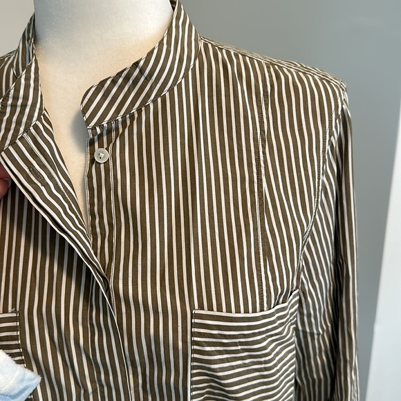 FRAME | Dark Sage & White Stripe Fitted Button Down with Bell Sleeves. - Picture 7 of 8